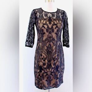 Adrianna Papell Black Nude Lace Illusion Sheath Dress Size 4P Cocktail Party